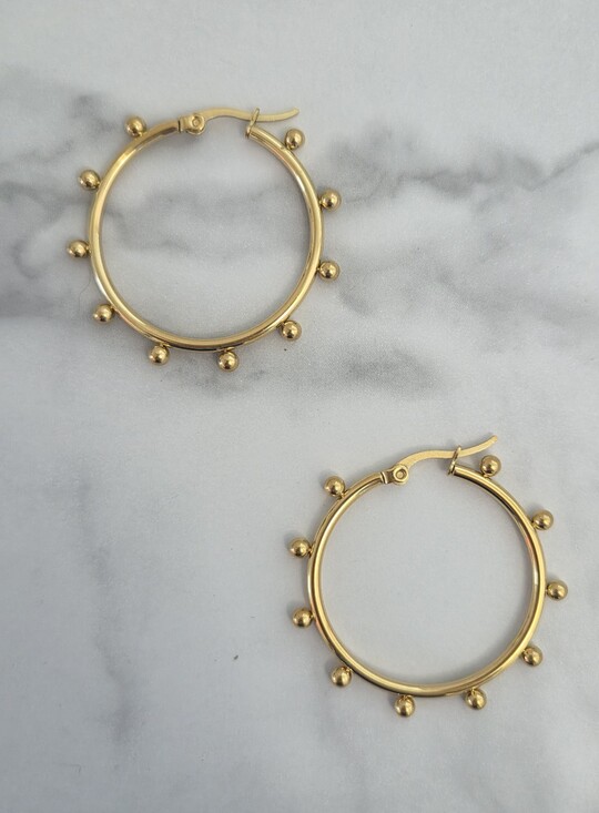 Jewelry - Gold Beaded Hoop Earrings Stainless Steel Studded Ball Hoops Womens Jewelry